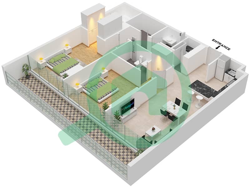 圣特罗曲线公寓 - 2 卧室公寓类型／单位6 / UNIT 13 FLOOR 2-10戶型图 Type 6 Unit 13 Floor 2-10 interactive3D