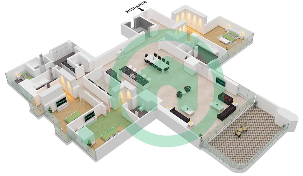 奥尔拉综合公寓 - 3 卧室公寓单位2 FLOOR 9戶型图 Unit 2 Floor 9 interactive3D