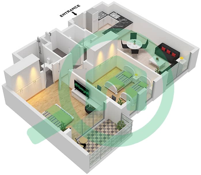 Cluster D - Апартамент 2 Cпальни планировка Тип A FLOOR GROUND-6 Type A Floor Ground-6 interactive3D