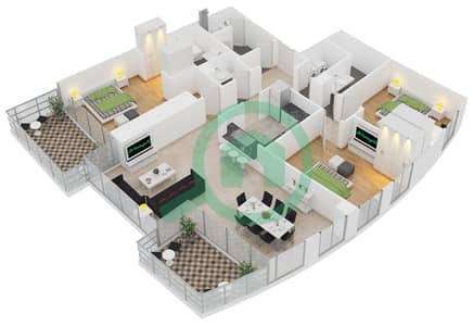 المخططات الطابقية لتصميم الوحدة 6 FLOOR 47,49,51,53,55,57 شقة 3 غرف نوم - برج فيستا 1