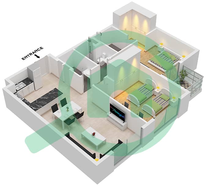 المخططات الطابقية لتصميم النموذج B FLOOR 1-6 شقة 2 غرفة نوم - المجموعة ه Type B Floor 1-6 interactive3D