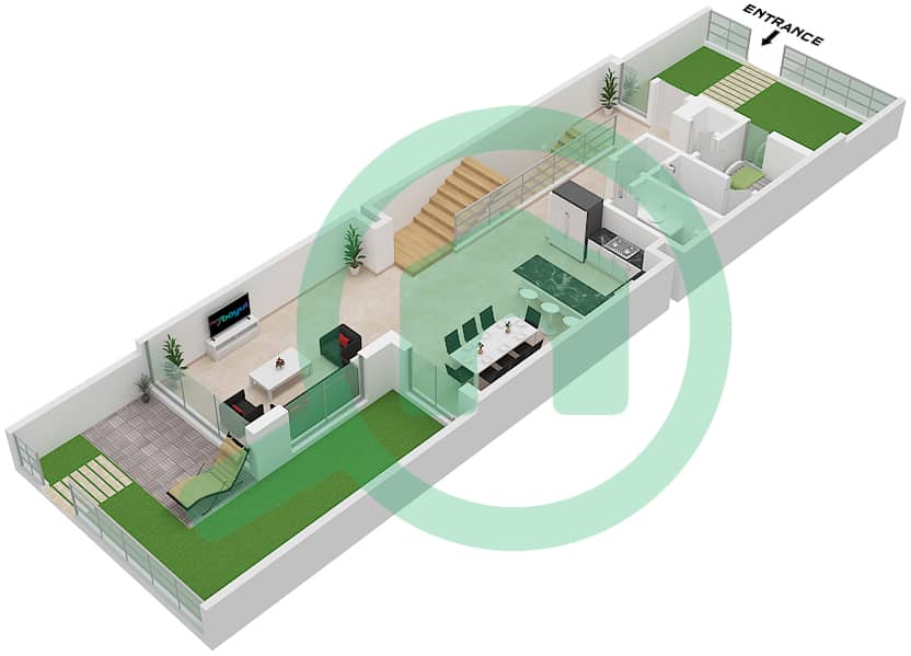 Шамса Таунхаусес - Таунхаус 3 Cпальни планировка Тип 2M Type 2M Floor Ground interactive3D
