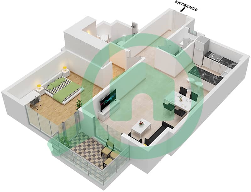 المخططات الطابقية لتصميم الوحدة 1 شقة 1 غرفة نوم - أبراج الخور - عجمان Unit 1 interactive3D