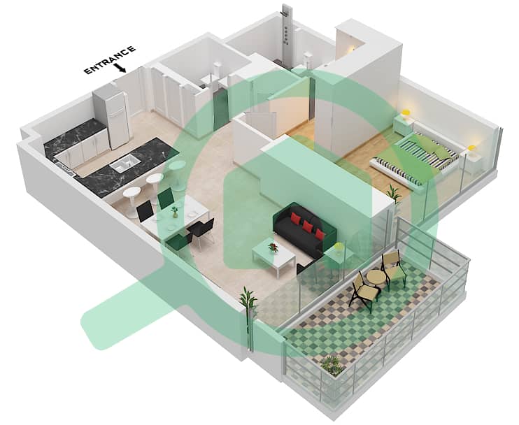 美世大厦 - 1 卧室公寓类型／单位A / UNIT 9 FLOOR 3-13戶型图 Type A Unit 9, Floor 3-13 interactive3D