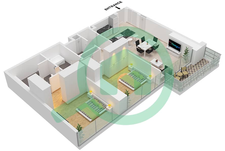 美世大厦 - 2 卧室公寓类型／单位B / UNIT 7 FLOOR 3-13戶型图 Type B Unit 7, Floor 3-13 interactive3D