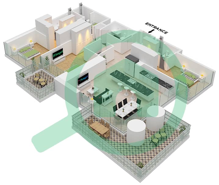 美世大厦 - 3 卧室公寓类型／单位A / UNIT 1,11 FLOOR 3-13戶型图 Type A Unit 1,11, Floor 3-13 interactive3D