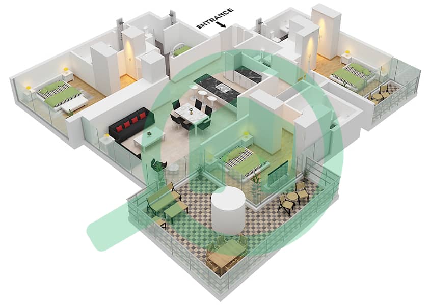 美世大厦 - 3 卧室公寓类型／单位B / UNIT 9 FLOOR 15-22戶型图 Type B Unit 9, Floor 15-22 interactive3D