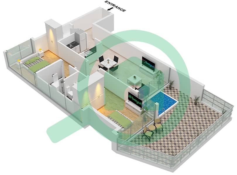 المخططات الطابقية لتصميم الوحدة 10 FLOOR 1 شقة 2 غرفة نوم - آراء سمانا براري Unit 10 Floor 1 interactive3D