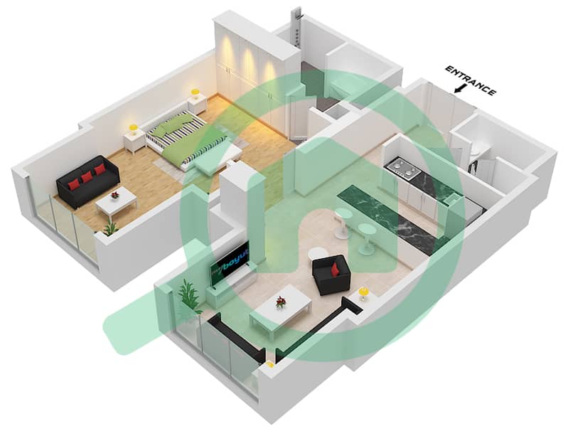 المخططات الطابقية لتصميم الوحدة 11, FLOOR 33 شقة 1 غرفة نوم - برج إندكس‬ Unit 11, Floor 33 interactive3D