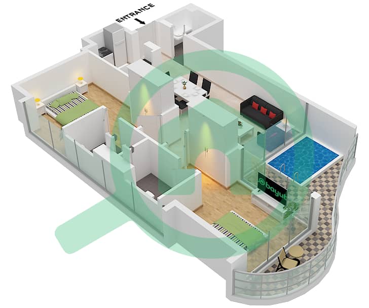 萨马纳巴拉里景观公寓 - 2 卧室公寓单位3 FLOOR 2,4,6,8,10,12,14戶型图 Unit 3 Floor 2,4,6,8,10,12,14,16,18,20,22,24,26 interactive3D