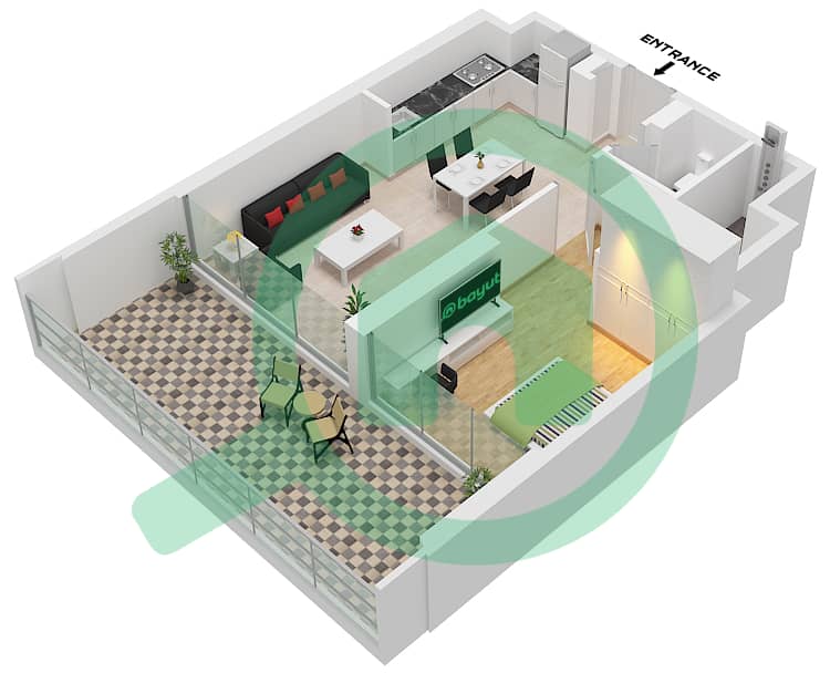 Binghatti Ghost - 1 Bedroom Apartment Type 1 Floor plan Type 1 interactive3D