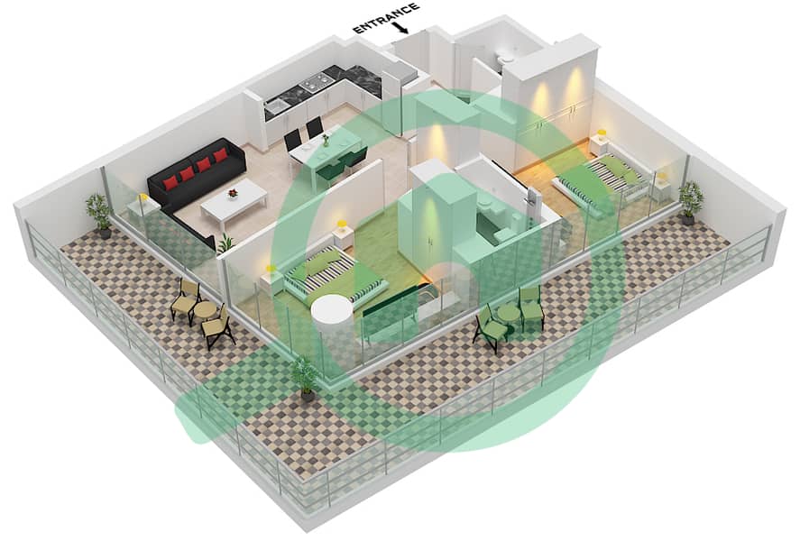 Binghatti Ghost - Апартамент 2 Cпальни планировка Тип 1 Type 1 interactive3D
