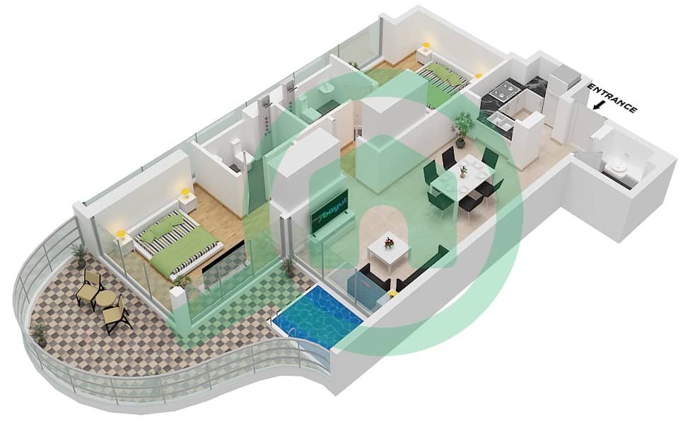 萨马纳巴拉里景观公寓 - 2 卧室公寓单位3 FLOOR 3,5,7,9,13,15,17戶型图 Unit 3 Floor 3,5,7,9,13,15,17,19,21,23,25,27 interactive3D