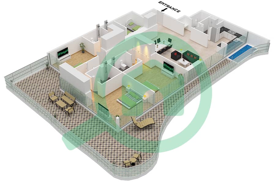 萨马纳巴拉里景观公寓 - 3 卧室公寓单位1 FLOOR 28戶型图 Unit 1 Floor 28 interactive3D