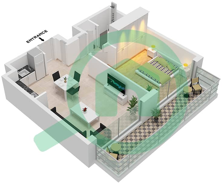 المخططات الطابقية لتصميم النموذج A2 شقة 1 غرفة نوم - جروف Type A2 interactive3D