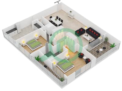المخططات الطابقية لتصميم النموذج A شقة 2 غرفة نوم - برج دي إي سي 1