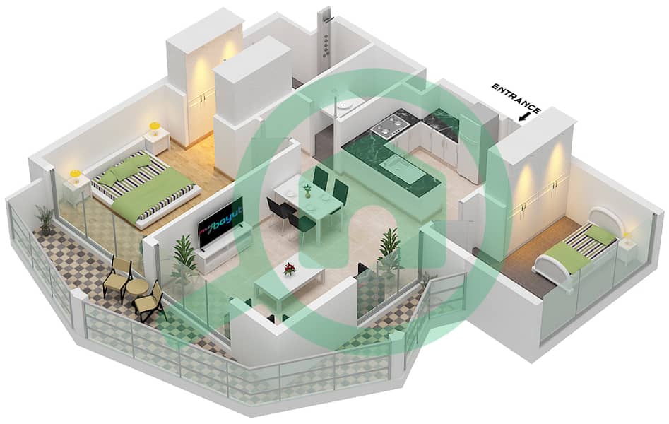 Perla 3 - 1 Bedroom Apartment Type C FLOOR GROUND,1 Floor plan Type C Floor Ground,1 interactive3D