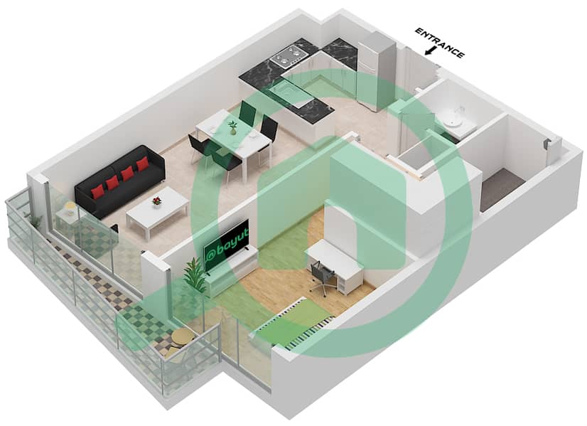 المخططات الطابقية لتصميم النموذج D FLOOR GROUND,1 شقة 1 غرفة نوم - بيرلا 3 Type D Floor Ground,1 interactive3D
