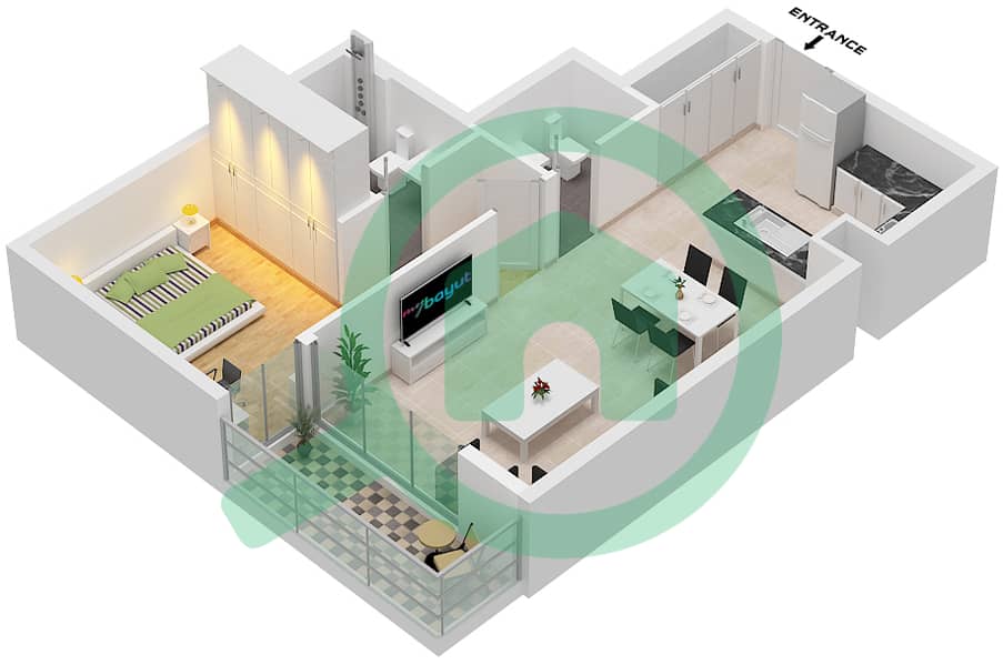 Perla 3 - 1 Bedroom Apartment Type E FLOOR GROUND,1 Floor plan Type E Floor Ground,1 interactive3D