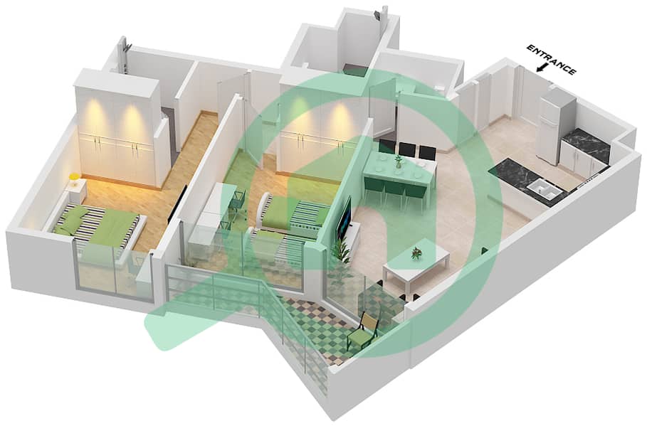 المخططات الطابقية لتصميم النموذج D FLOOR 1-12 شقة 2 غرفة نوم - بيرلا 3 Type D Floor 1-12 interactive3D