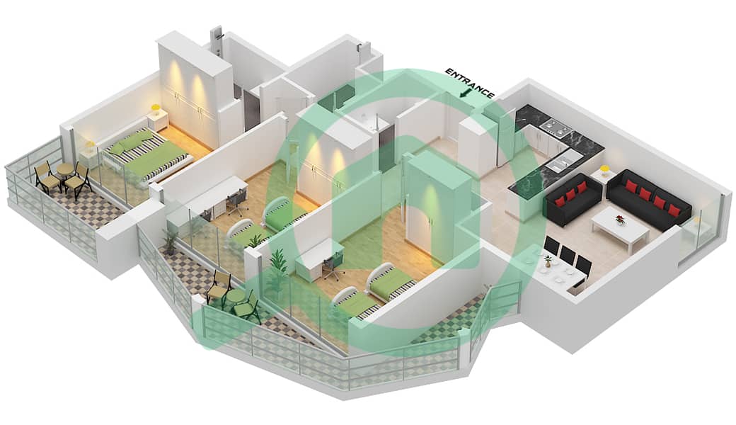 Perla 3 - 3 Bedroom Apartment Type C FLOOR 2-12 Floor plan Type C Floor 2-12 interactive3D