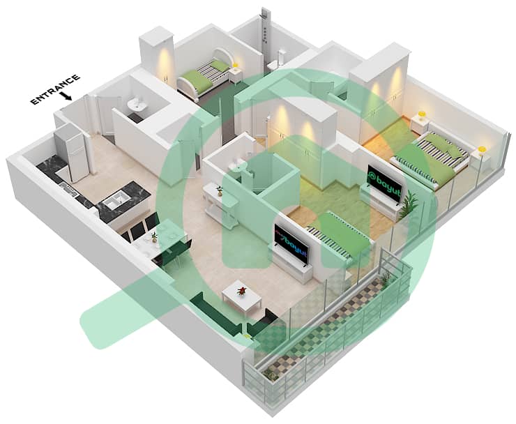 المخططات الطابقية لتصميم النموذج / الوحدة 5B-1/UNIT 7 FLOOR 5-18,22 شقة 2 غرفة نوم - بارك فيوز ريزيدنس A Type 5B-1 Unit 7 Floor 5-18,22-36 interactive3D