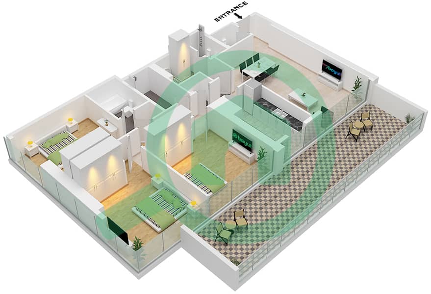 Park Views Residences A - 3 Bedroom Apartment Type/unit 1A-2 / UNIT 2 FLOOR 4 Floor plan Type 1A-2 Unit 2 Floor 4 interactive3D