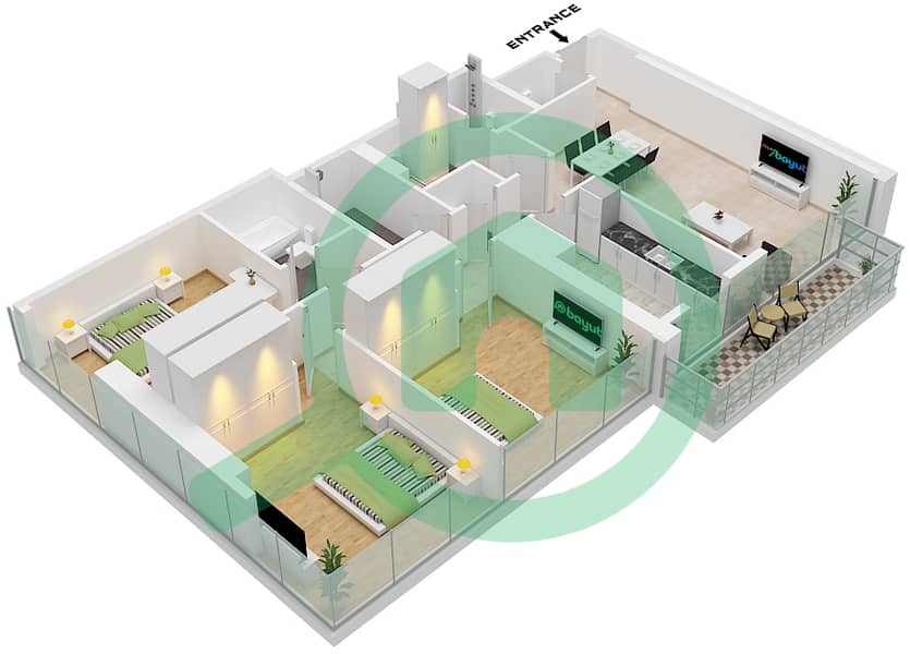 المخططات الطابقية لتصميم النموذج / الوحدة 1A-4/UNIT 7,8 FLOOR 5-18 شقة 3 غرف نوم - بارك فيوز ريزيدنس A Type 1A-4 Unit 17-18 Floor 5-18,21-36 
Unit 7-8 Floor 37-42 interactive3D