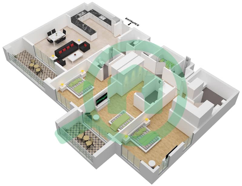 المخططات الطابقية لتصميم النموذج A شقة 3 غرف نوم - برج الأندلس C Type A interactive3D