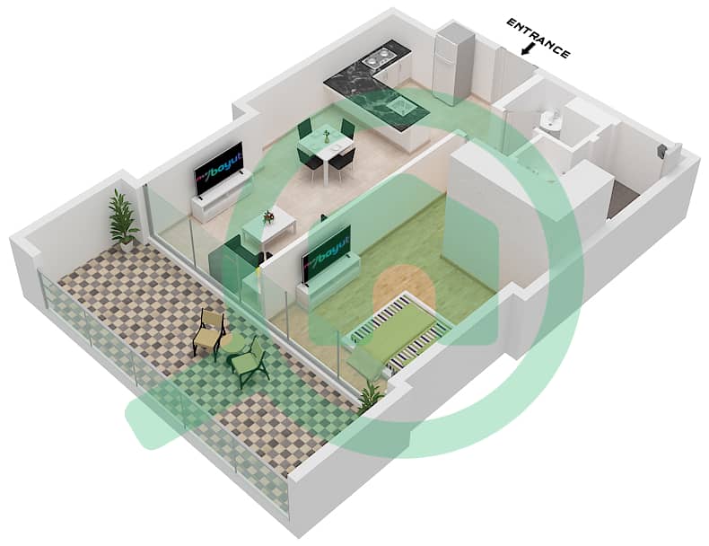 المخططات الطابقية لتصميم النموذج A شقة 1 غرفة نوم - مساكن احد Type A interactive3D
