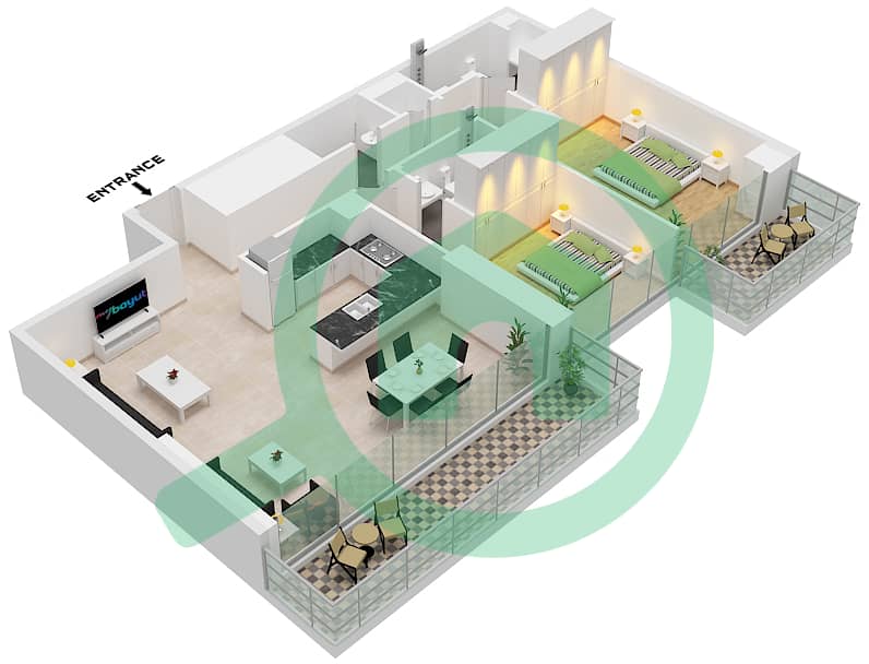 المخططات الطابقية لتصميم النموذج A شقة 2 غرفة نوم - مساكن احد Type A interactive3D