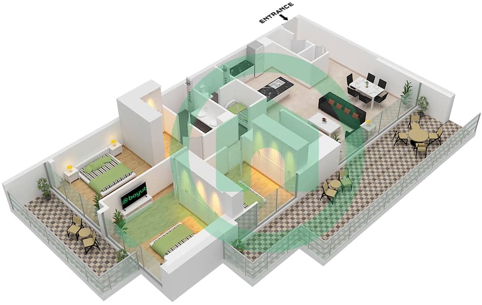 المخططات الطابقية لتصميم النموذج A شقة 3 غرف نوم - مساكن احد Type A interactive3D