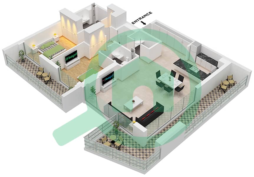 المخططات الطابقية لتصميم النموذج B شقة 2 غرفة نوم - مساكن احد Type B interactive3D