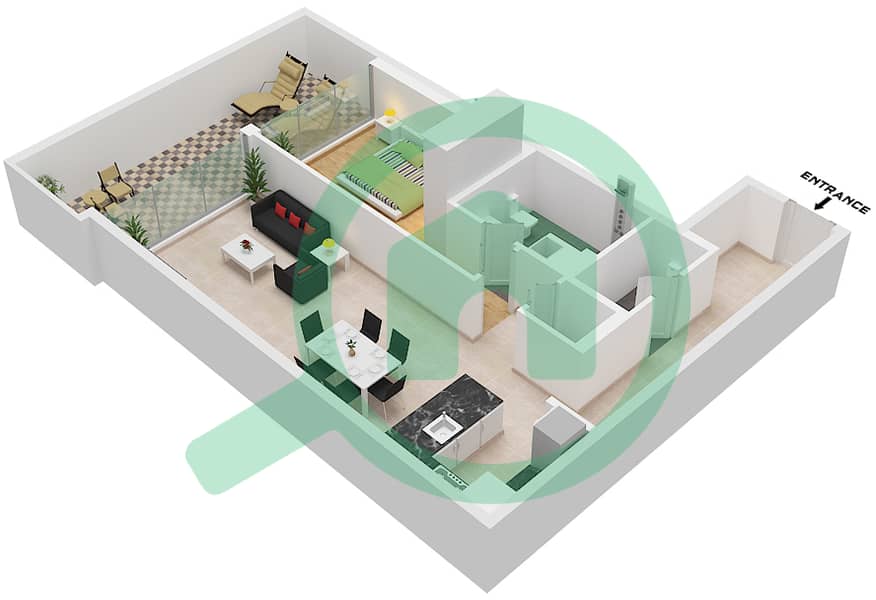 المخططات الطابقية لتصميم النموذج B شقة 1 غرفة نوم - مساكن احد Type B interactive3D