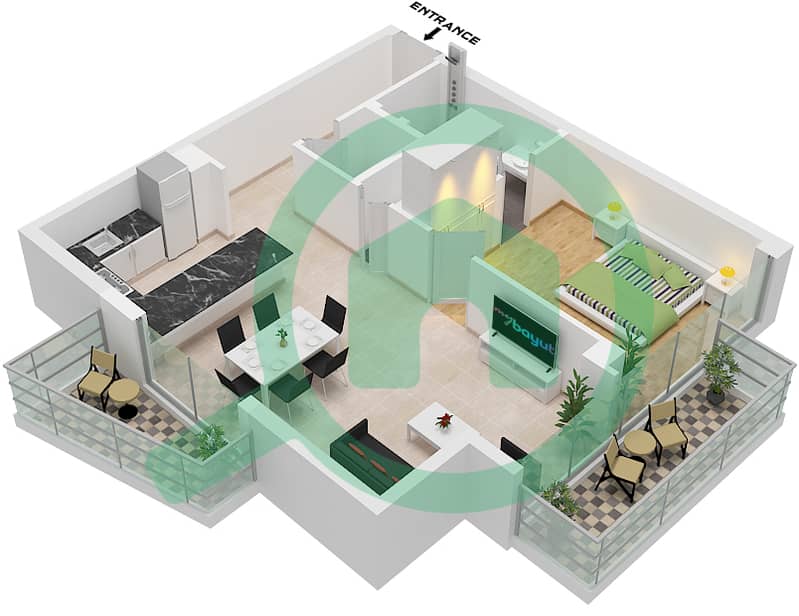 المخططات الطابقية لتصميم النموذج C شقة 1 غرفة نوم - مساكن احد Type C interactive3D