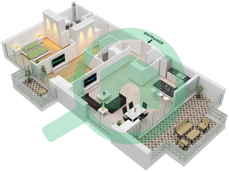 المخططات الطابقية لتصميم النموذج C شقة 2 غرفة نوم - مساكن احد Type C interactive3D
