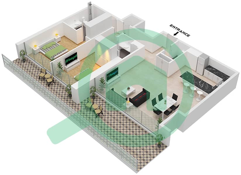 المخططات الطابقية لتصميم النموذج C1 شقة 2 غرفة نوم - مساكن احد Type C1 interactive3D