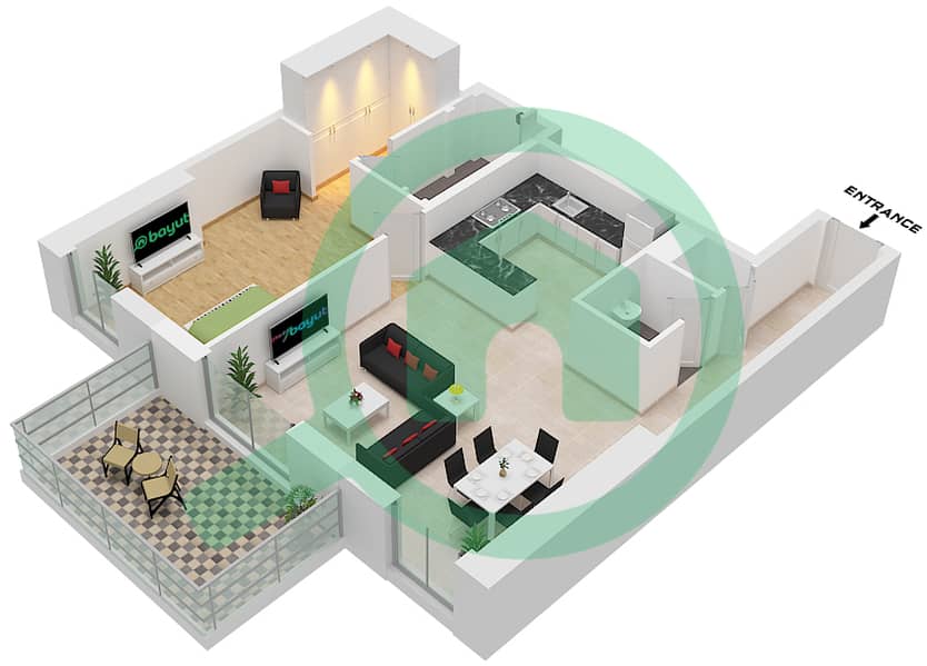 المخططات الطابقية لتصميم النموذج D شقة 1 غرفة نوم - مساكن احد Type D interactive3D