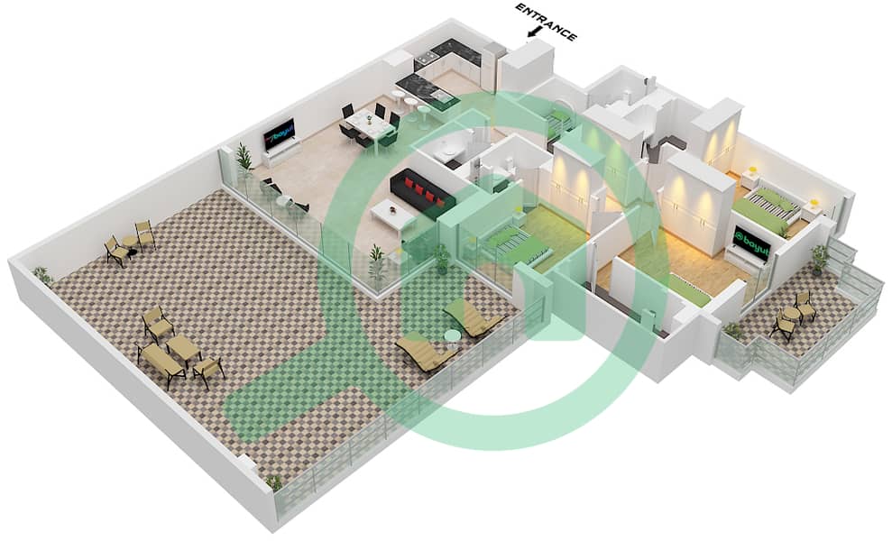 المخططات الطابقية لتصميم النموذج D شقة 3 غرف نوم - مساكن احد Type D interactive3D