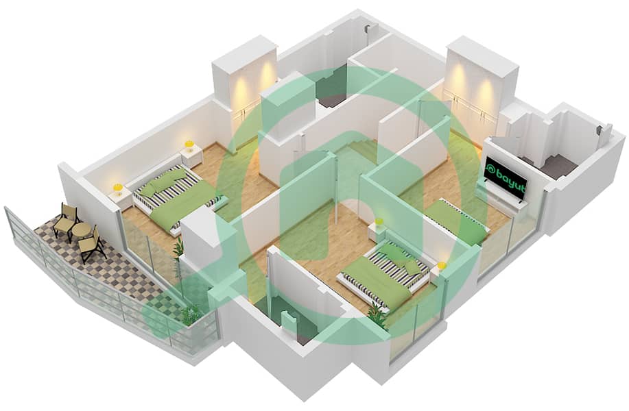 المخططات الطابقية لتصميم النموذج DP شقة 3 غرف نوم - مساكن احد Type DP interactive3D