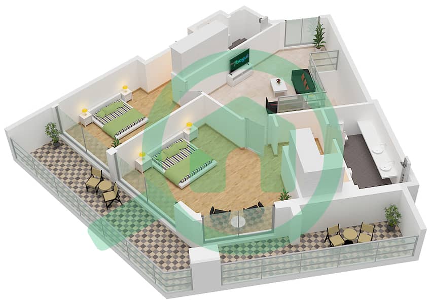 المخططات الطابقية لتصميم النموذج DPB شقة 2 غرفة نوم - مساكن احد Type DPB interactive3D