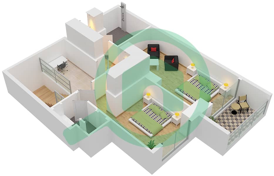 المخططات الطابقية لتصميم النموذج DPC شقة 2 غرفة نوم - مساكن احد Type DPC interactive3D