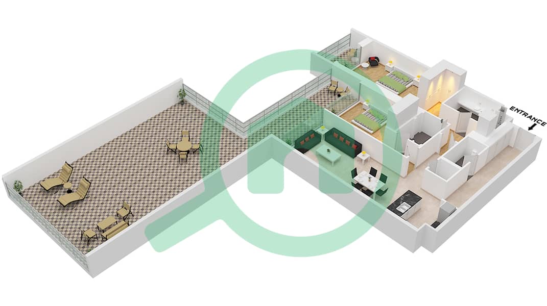 المخططات الطابقية لتصميم النموذج E شقة 2 غرفة نوم - مساكن احد Type E interactive3D