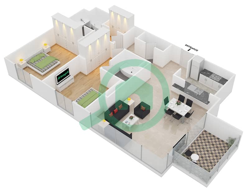 The Residence 8 - 2 Bedroom Apartment Suite 02 Floor plan interactive3D