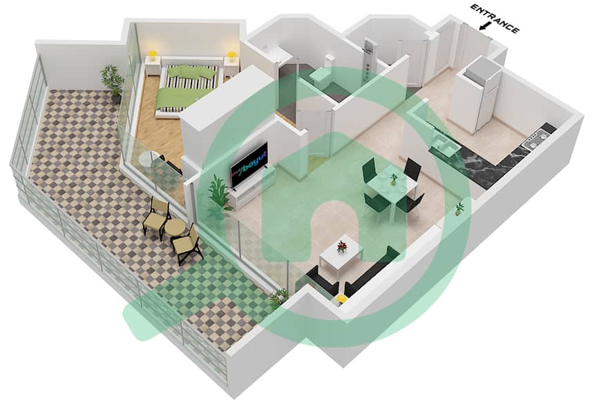 扎亚哈梅尼公寓 - 1 卧室公寓类型A(1)戶型图 Type  A(1) interactive3D