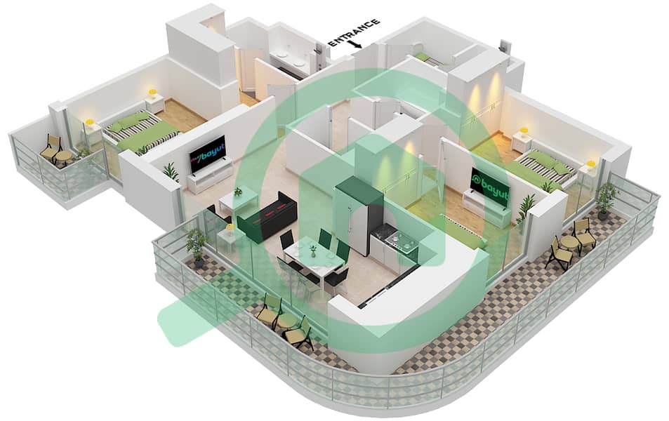 Address海滩之门公寓小区 - 3 卧室公寓类型／单位4  / UNIT 4, FLOOR 22-33戶型图 Type 4 Unit 4, Floor 22-33 interactive3D