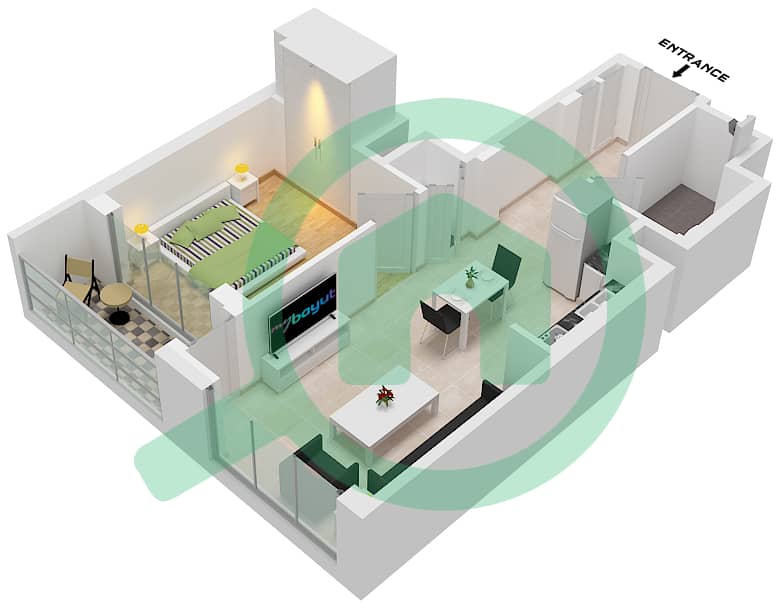 索巴一号大厦 B 座 - 1 卧室公寓类型／单位E/UNIT 3 FLOOR 8-11,14-17戶型图 Type E Unit 3 Floor 8-11,14-17,20-23,27-29,32-35,38-41,44-46 interactive3D