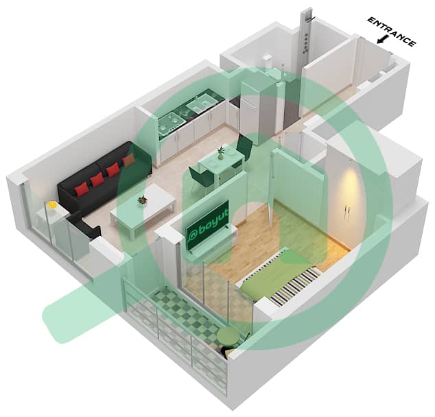 Sobha One Tower B - 1 Bedroom Apartment Type/unit E VARIANT 1 / UNIT 2 Floor plan Type E variant 1 Unit 2 Floor 8-11,14-17,20-23,27-29,32-35,38-41,44-46 interactive3D