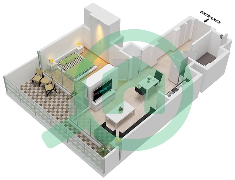 المخططات الطابقية لتصميم النموذج / الوحدة G VARIANT 1 / UNIT 5 شقة 1 غرفة نوم - شوبا وان برج B Type G variant 1 Unit 5 Floor 12,18,24,30,36,42 interactive3D