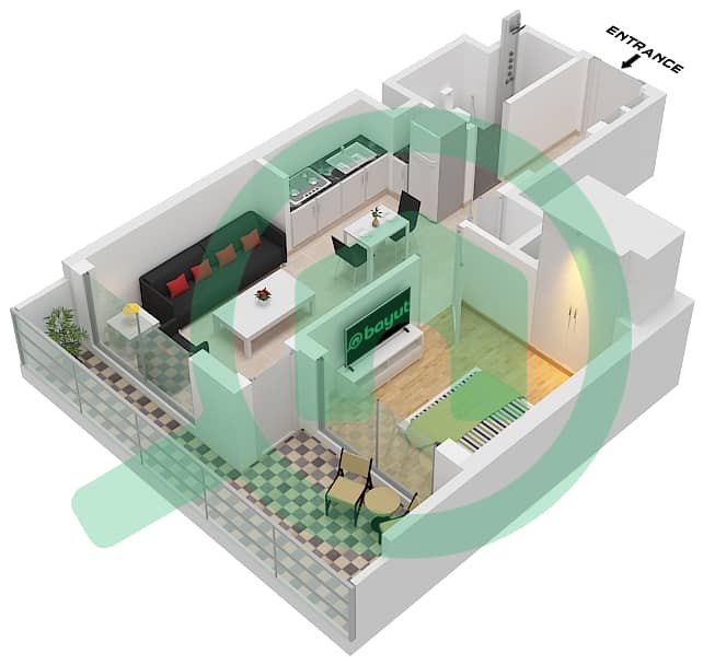 المخططات الطابقية لتصميم النموذج / الوحدة L VARIANT 1 / UNIT 2 شقة 1 غرفة نوم - شوبا وان برج B Type L variant 1 Unit 2 Floor 13,19,31,37,43 interactive3D